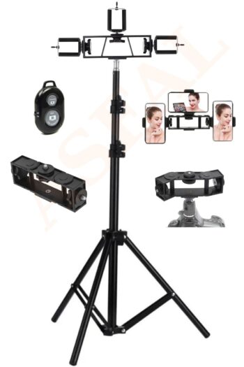 Asfal Bluetooth Kumandalı 210 Cm Tripod 3 Adet Multi Telefon Tutuculu Selfie Çubuğu Telefon, Kamera, Lamba