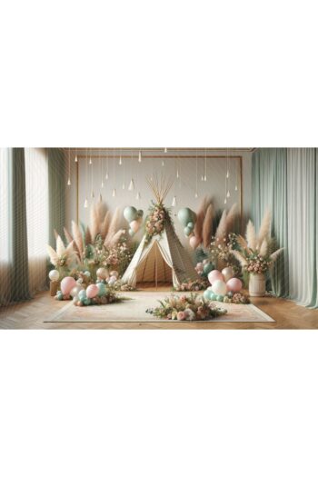 Venspor Pembe ve Yeşil Balonlarla Süslenmiş Çiçekli Çadır Temalı Arkaplan, 200x150cm, Fon, Duvar Örtüsü