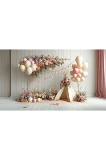Venspor Pastel Çiçek ve Balon Temalı Çadır Arkaplan, 200x150cm, Fon, Duvar Örtüsü