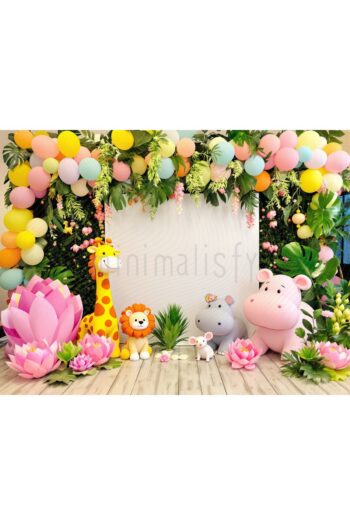 Minimalisfy Sevimli Safari: Balon ve Hayvan Figürlü Arka Plan 200x150cm Stüdyo Fonu