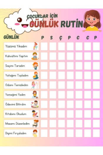 KENGEROĞLU Çocuk Günlük Rutin Checklist Kontrol Listesi Pvc Kaplı Yaz Sil Kullan Pembe Kalem Hediye