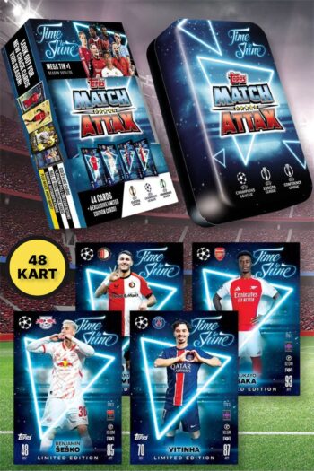 TOYFEST Topps Match Attax 24-25 UEFA Metal Kutulu Futbolcu Kartları Mega Tin Box - 48 Kart (Mavi Kutulu)