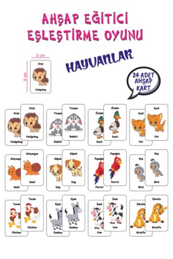 Leelii Tasarım Sevimli Hayvanlar Ahşap Hafıza Eşleme Kartları 12 Hayvan 24 Kart Türkçe - İngilizce Hafıza Oyunu