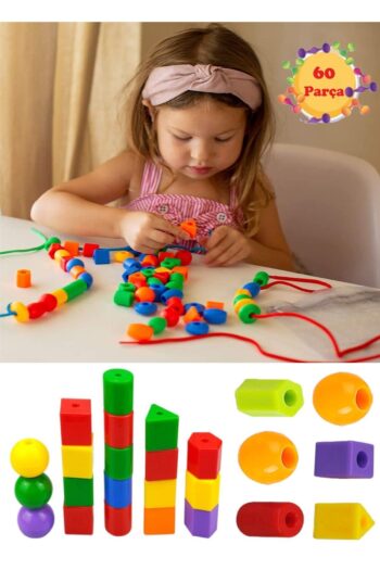 RoseRoi 60 Parça Geometrik Şekiller Ipe Boncuk Dizme Koordinasyon Renk Algı Eğitici Oyuncak Popit