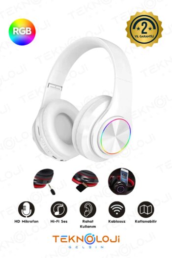 Teknoloji Gelsin Kablosuz Bluetooth Mikrofonlu Kulaküstü Kulaklık Led Işıklı Katlanabilir Beyaz