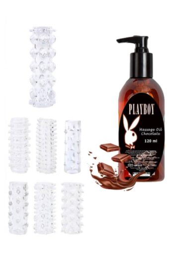 Playboy Yedi Farklı Silikon Şeffaf Tırtıklı Penis Kılıf Set & Cikolata Aramolu Masaj Yağ