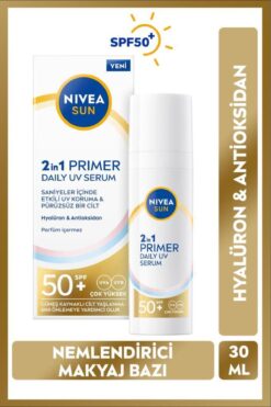 NIVEA SUN SPF50 Nemlendirici Primer Serum 30ml, Makyaj Bazı, Hyaluron, Antioksidan, Yüksek Güneş Koruyucu