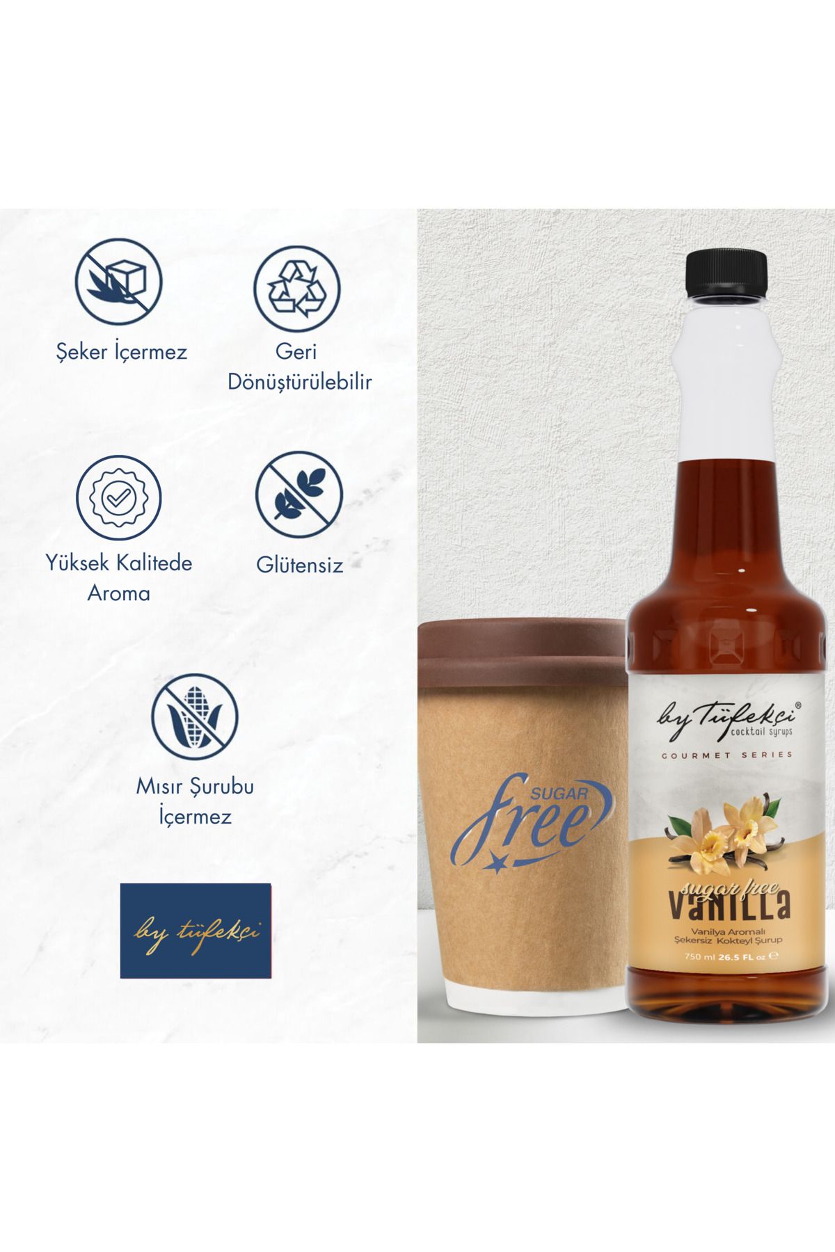 By Tüfekçi Gourmet Serıas Vanilya Aromalı Şekersiz Kokteyl, Pasta Ve Kahve Şurubu 750 ML Doğal Aroma - Görsel 2
