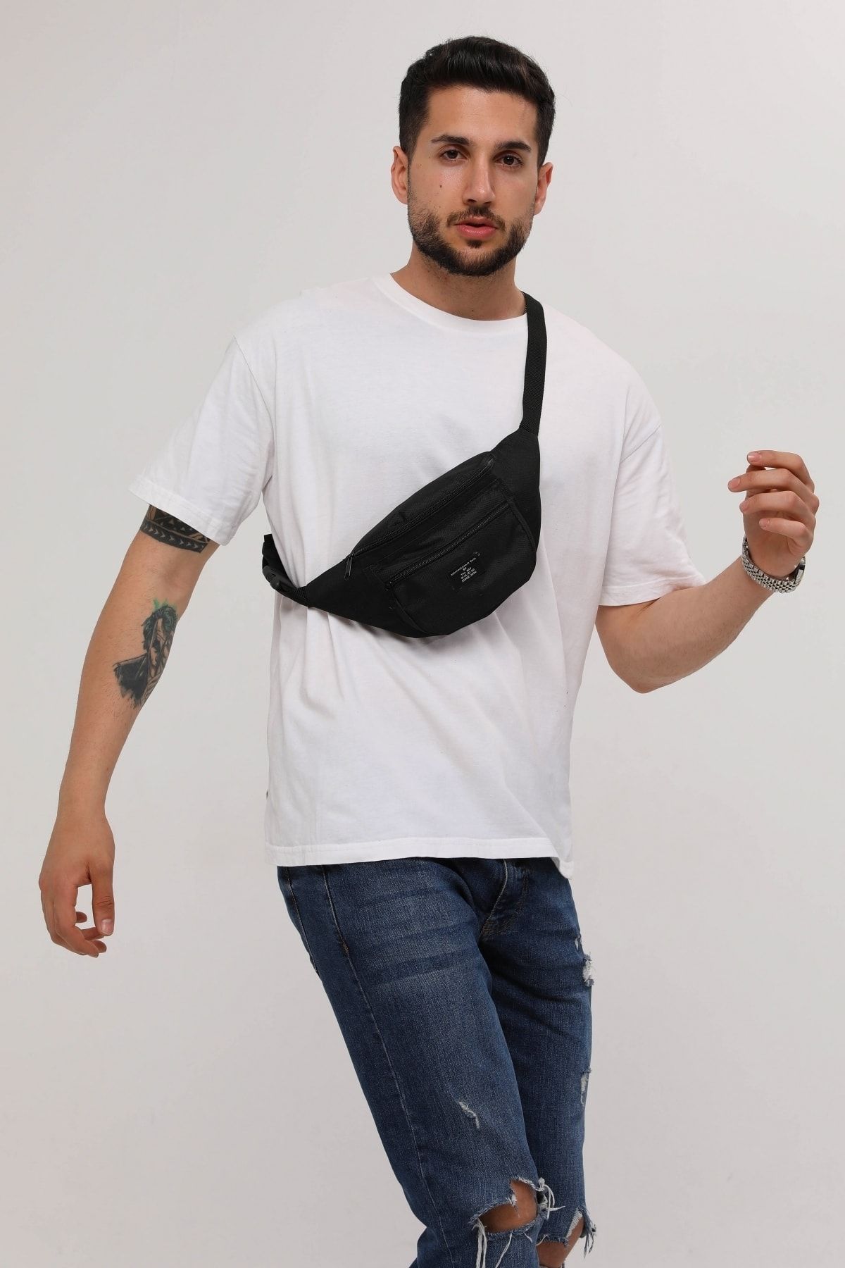 D'VERS Unisex Siyah 2 Bölmeli Omuz Ve Bel Çantası