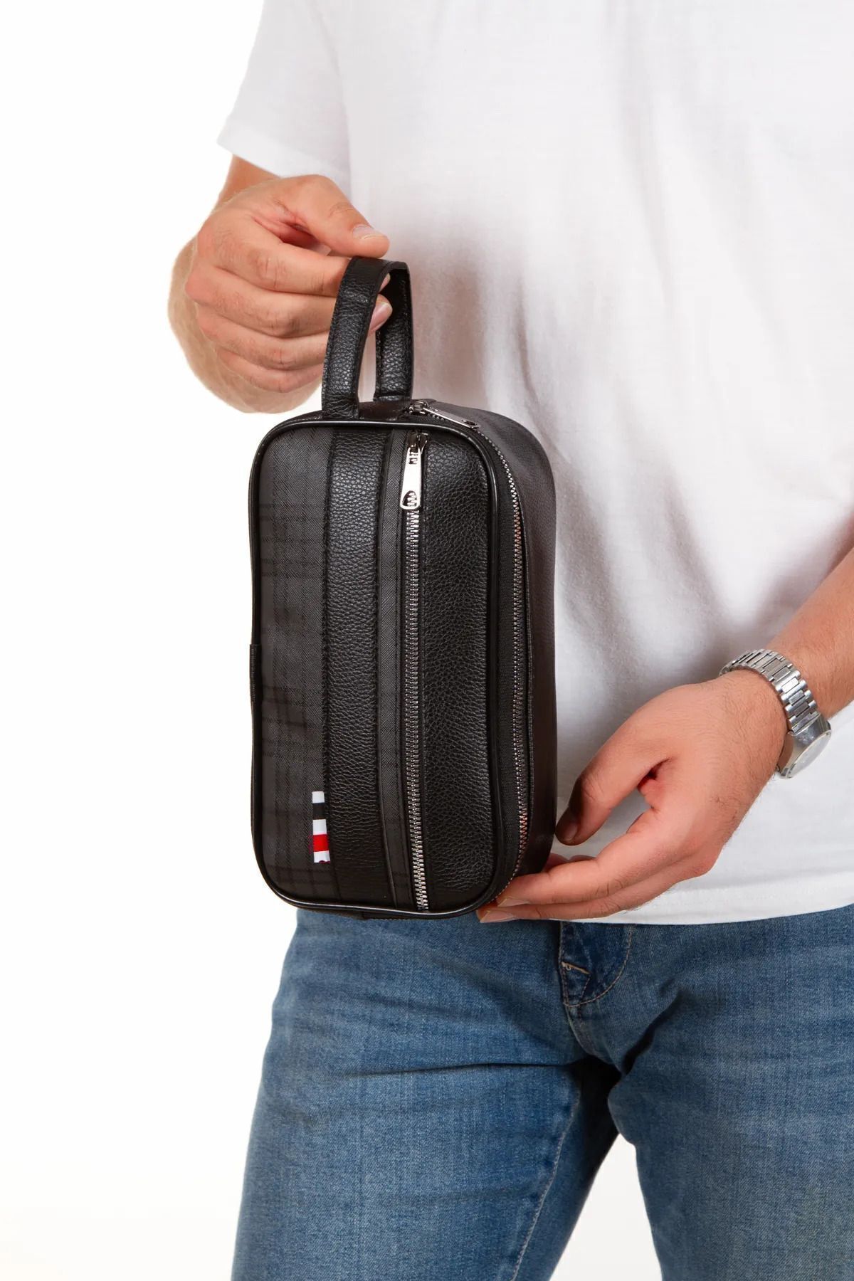 tuldar Erkek Siyah Deri Portföy Clutch Traş Kozmetik Bakım Ve Günlük El Çantası