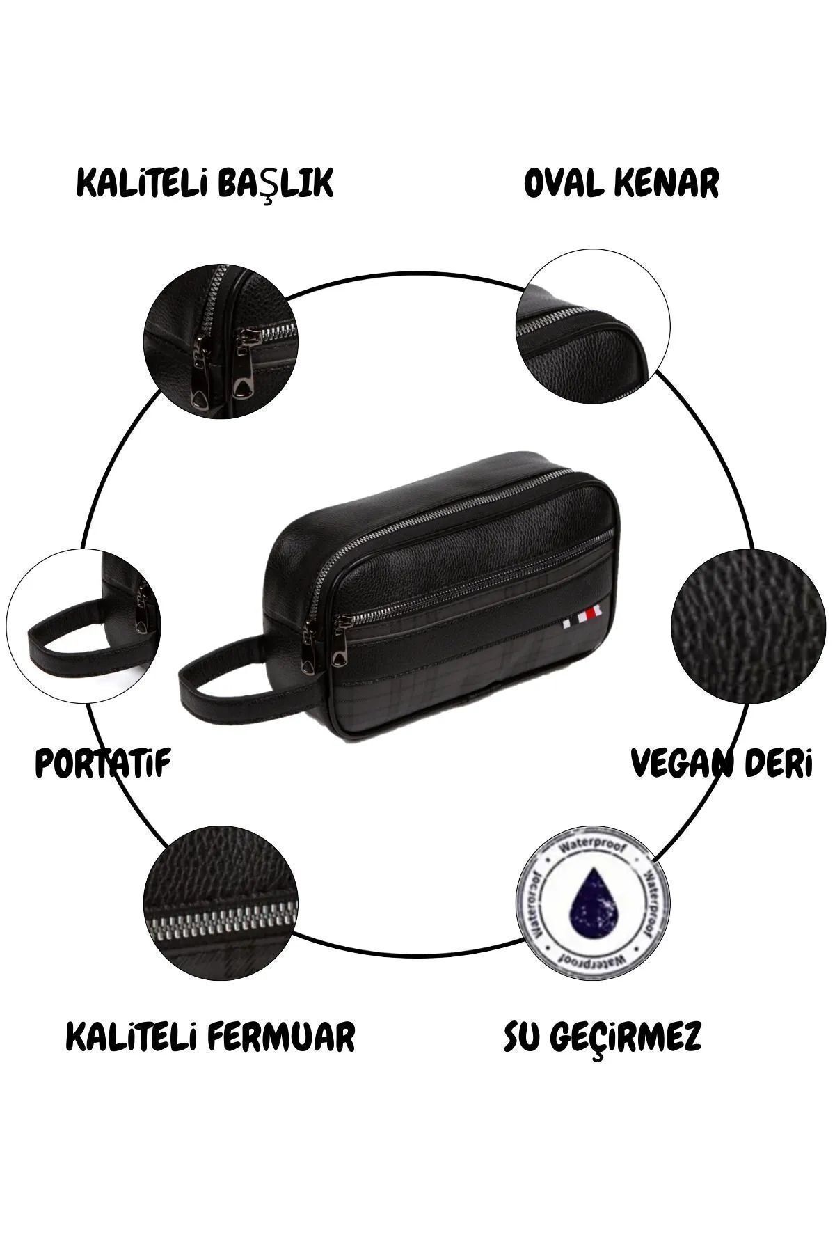 tuldar Erkek Siyah Deri Portföy Clutch Traş Kozmetik Bakım Ve Günlük El Çantası - Görsel 5