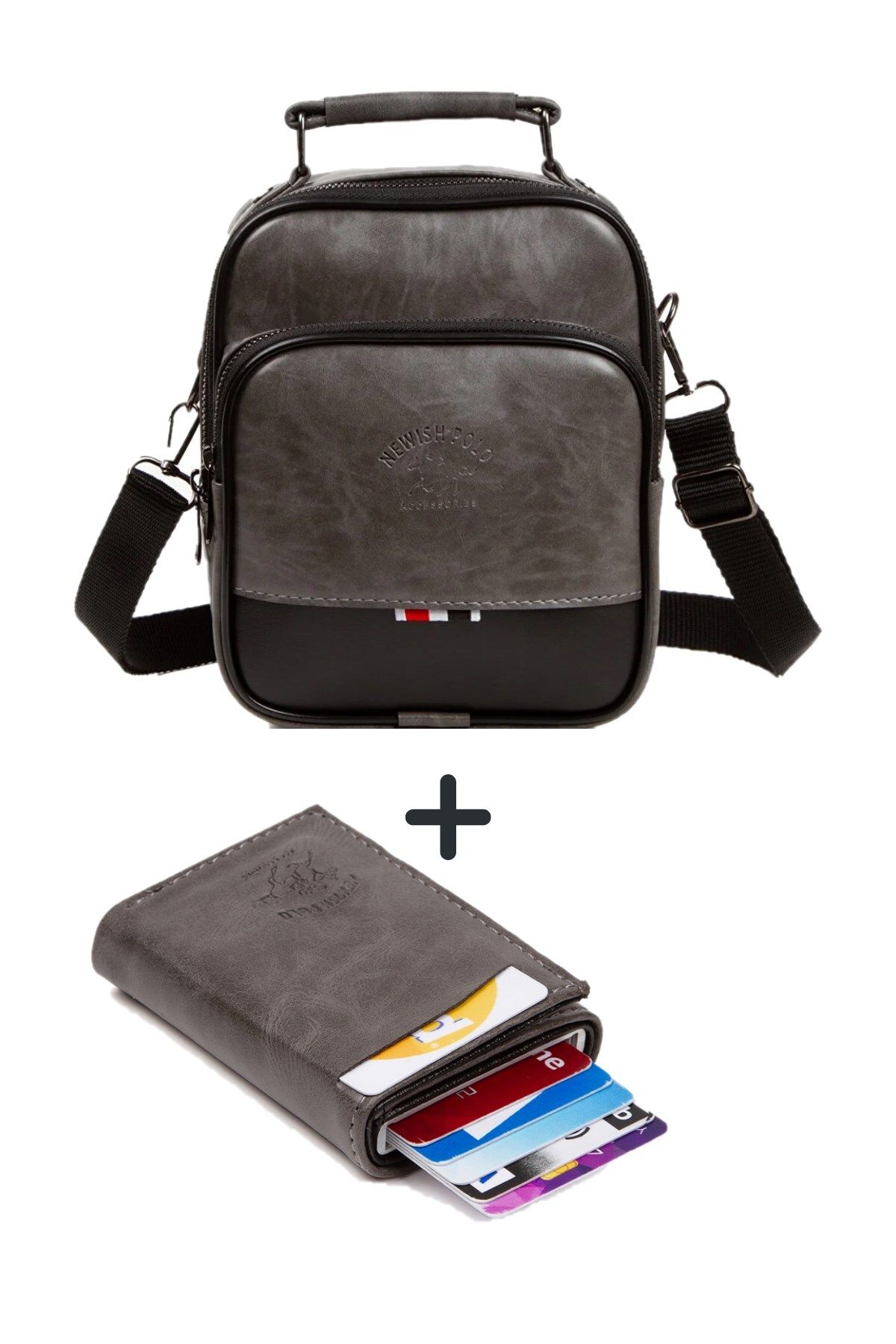 Newish Polo Erkek Gri Deri Mekanizmalı Cüzdan ve Günlük Omuz El Çantası