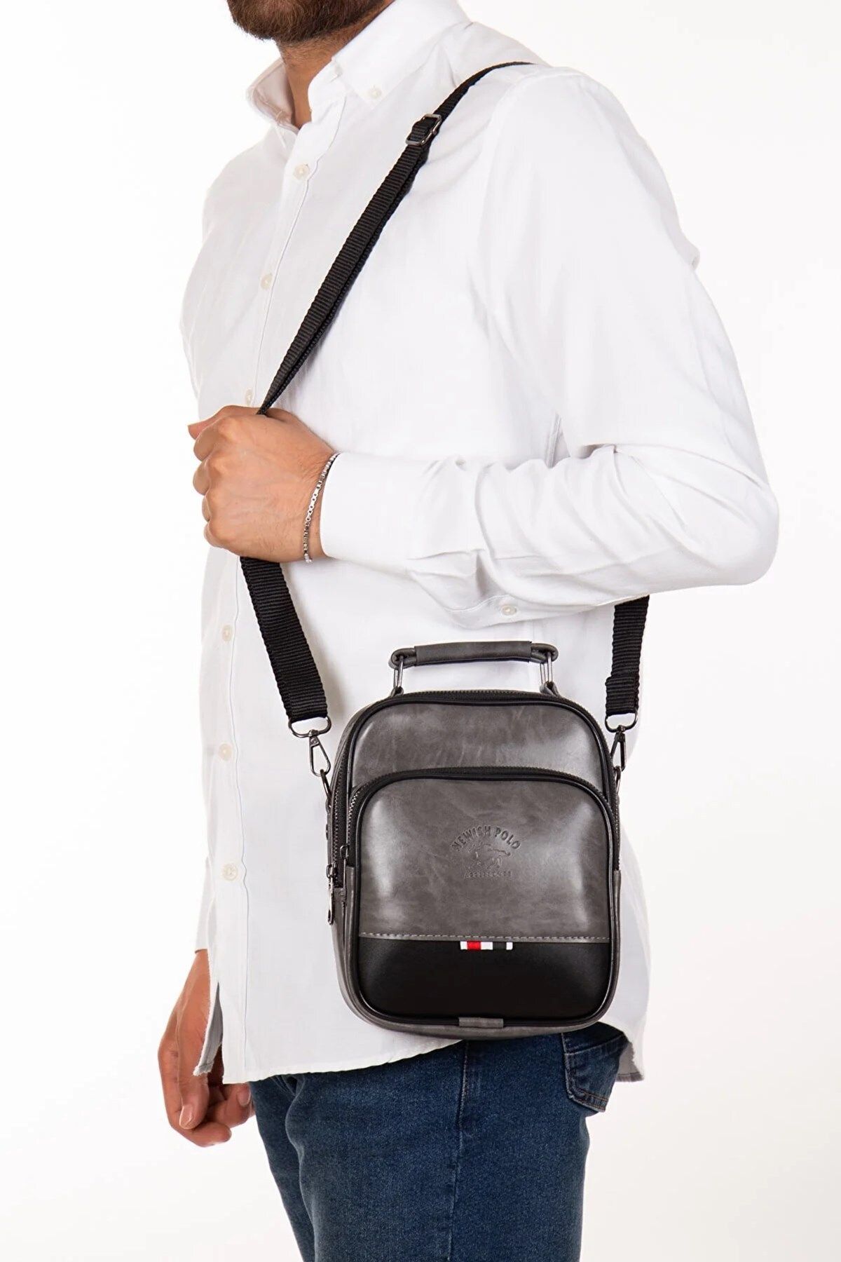 Newish Polo Erkek Gri Deri Mekanizmalı Cüzdan ve Günlük Omuz El Çantası - Görsel 5