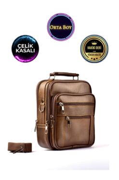 CüzCan Erkek Kahverengi Çelik Kasalı Hakiki Deri El Ve Omuz Çantası Orta Boy Babalar Günü Hediyesi