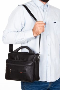 Newish Hakiki Kuzu Derisi Erkek El Omuz Çantası Siyah Büyük Boy (27X22CM)