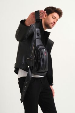 YOGII Kaliteli Deri Çapraz Omuz Ve Göğüs Çantası Askılı Siyah