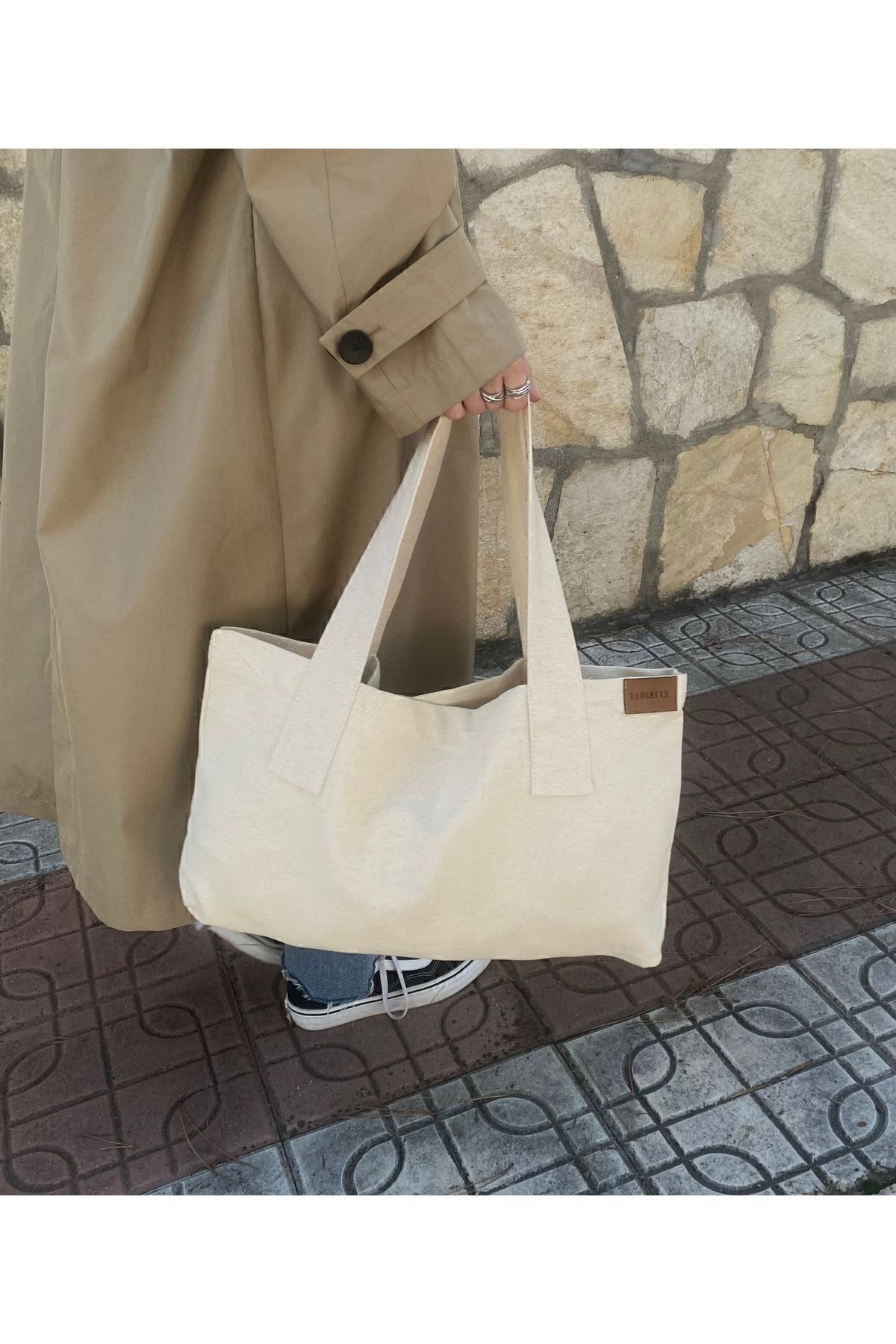 LUNAFEL Bej Ham Keten Kol Omuz Çantası-büyük Boy - Görsel 2