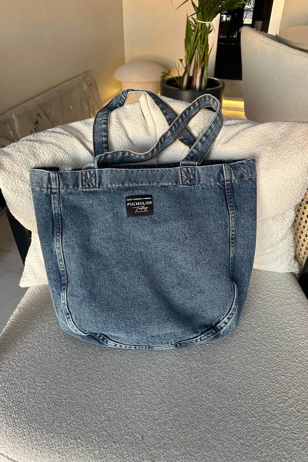 lamelif Yıkamalı Kot Arma Detaylı Çanta Kot Mavisi - Görsel 3