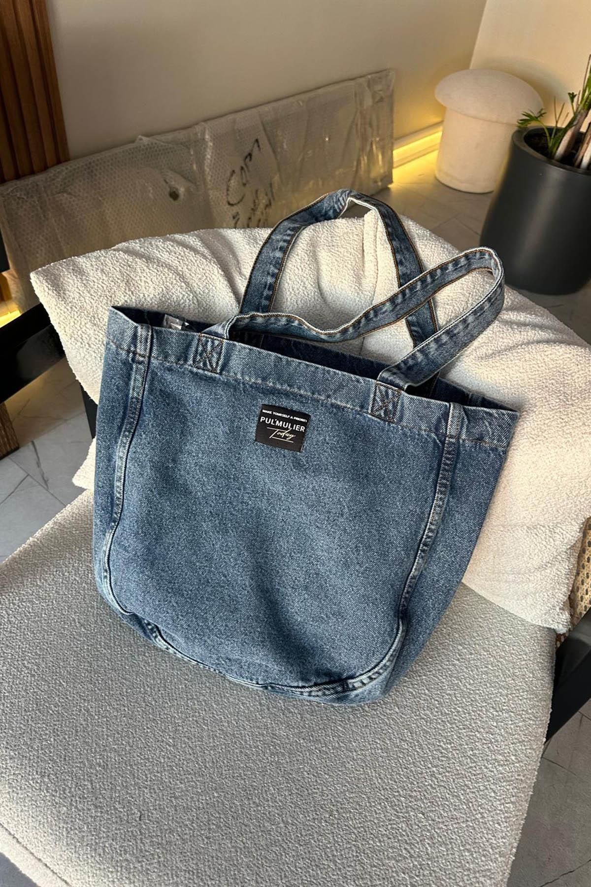 lamelif Yıkamalı Kot Arma Detaylı Çanta Kot Mavisi - Görsel 5