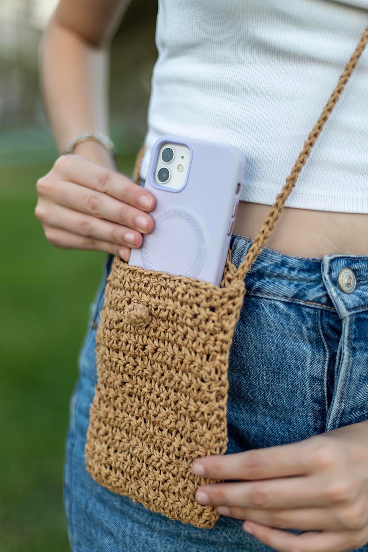 Hipnoz Medya ve Sanat El Örgüsü Kağıt Ip Handmade Telefon Çantası El Yapımı Hasır Renk Astarsız