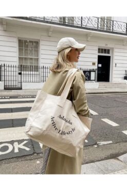 ZZ DESİGN Kanvas Çanta Baskılı Günlük Spor Plaj Çantası Krem Rengi