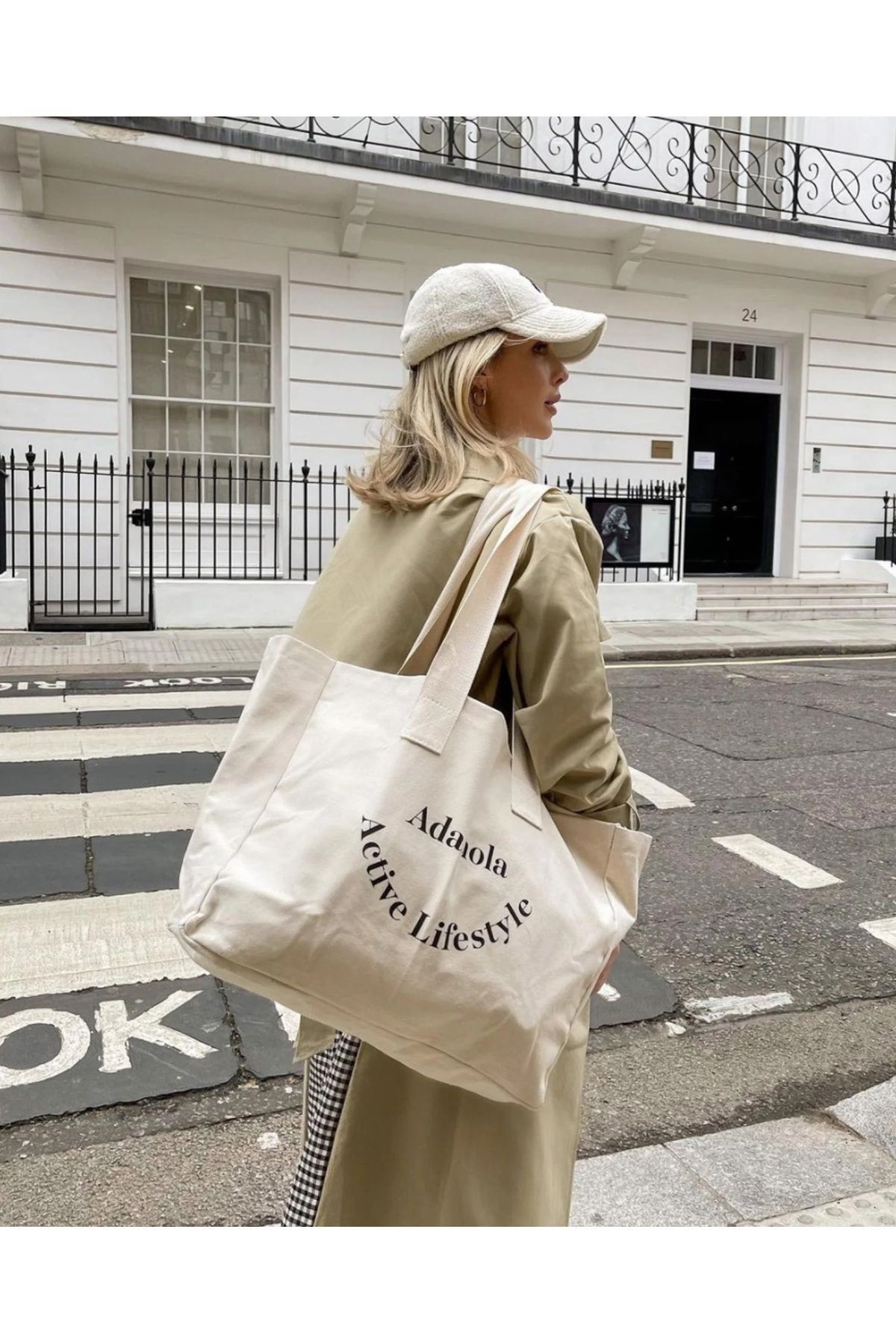 ZZ DESİGN Kanvas Çanta Baskılı Günlük Spor Plaj Çantası Krem Rengi