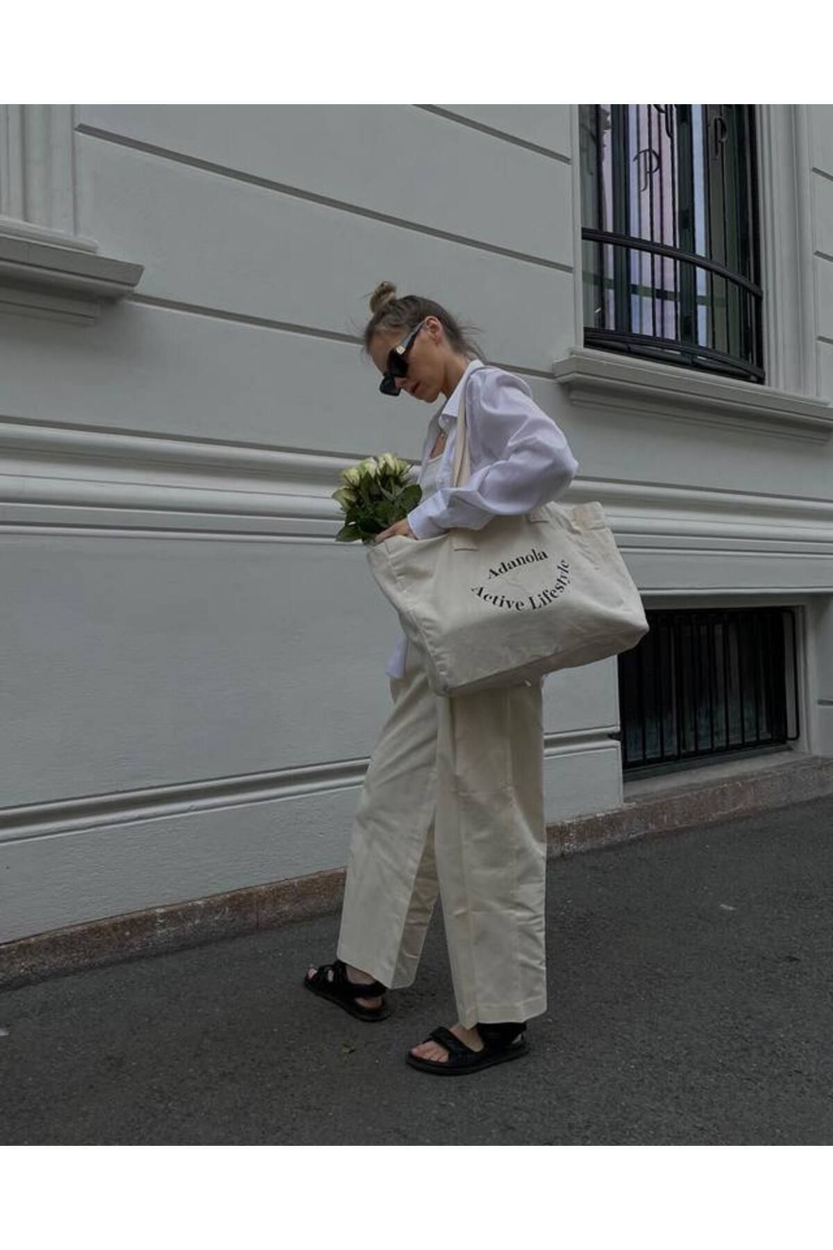 ZZ DESİGN Kanvas Çanta Baskılı Günlük Spor Plaj Çantası Krem Rengi - Görsel 2