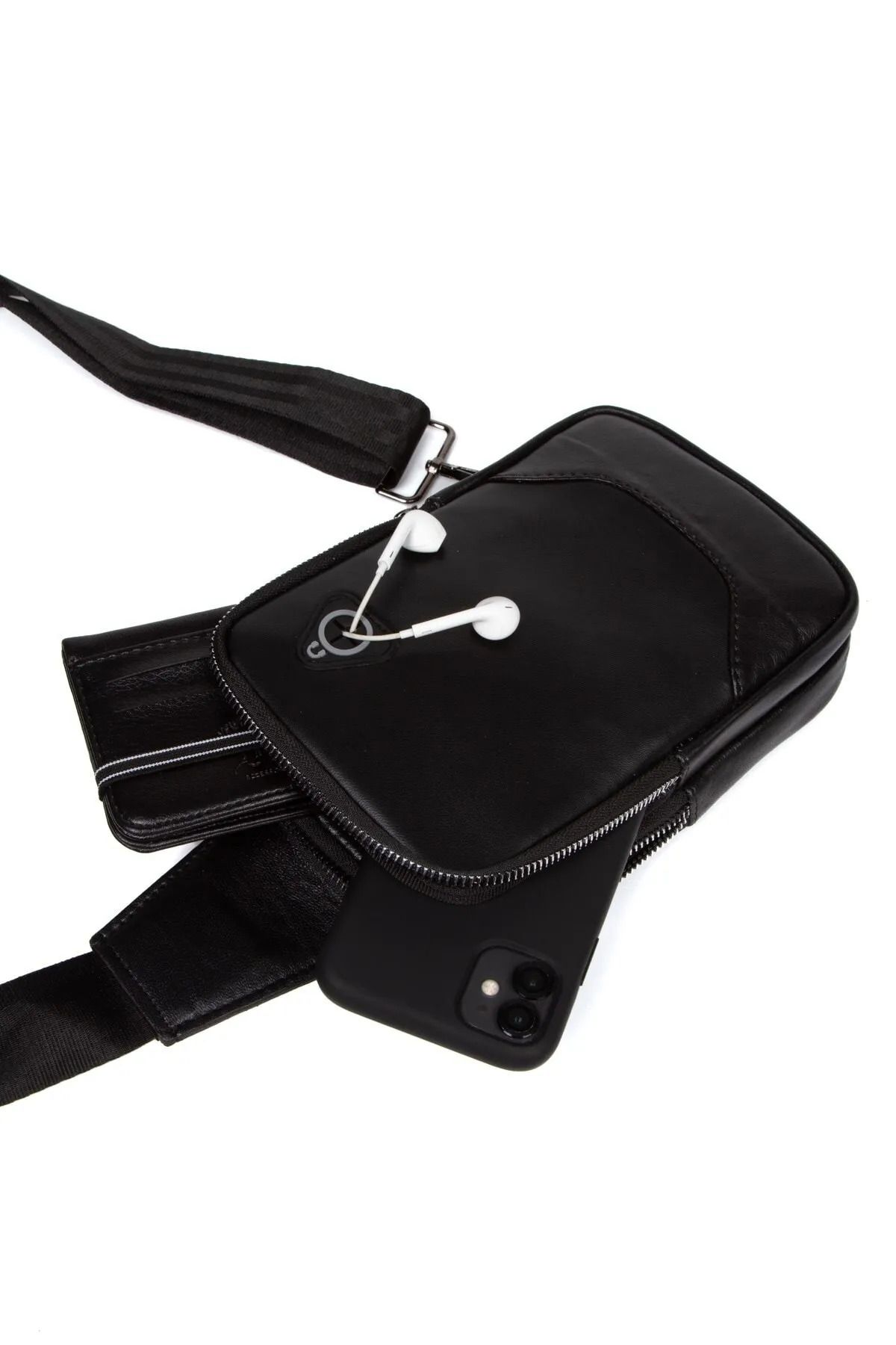 tuldar Erkek Siyah Hakiki Deri Telefon Cüzdan Bölmeli Usb Kulaklık Çıkışlı Çapraz Göğüs Ve Omuz Çantası - Görsel 2