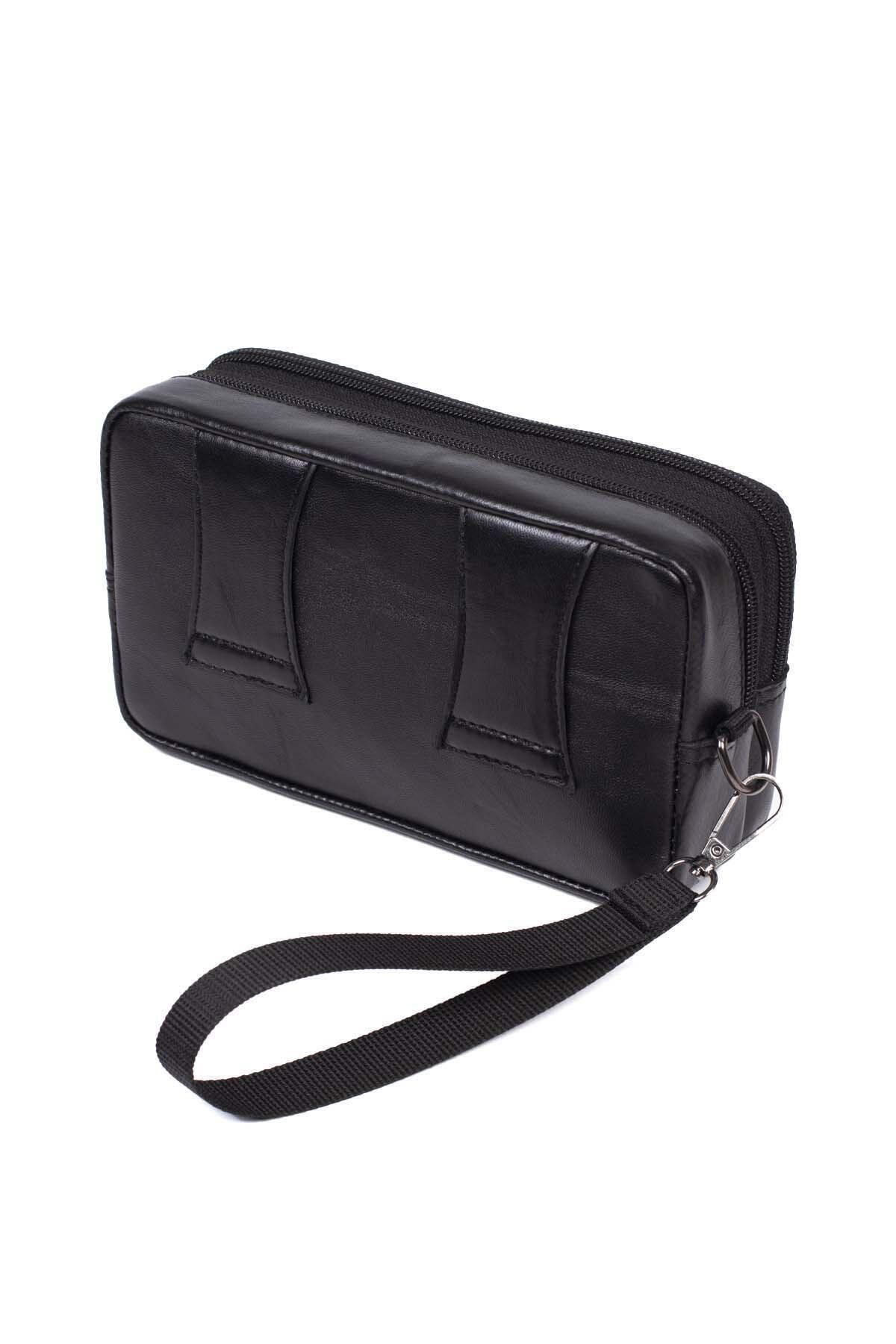 Newish Unisex Siyah Hakiki Deri Su Geçirmez El Ve Bel Çantası (12X20CM) Portföy - Görsel 3