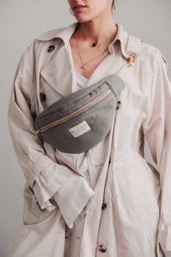 WOLF & ROCK Wolf&Rock Gold Detaylı Haki Keten Kumaş Bel ve Omuz Çantası