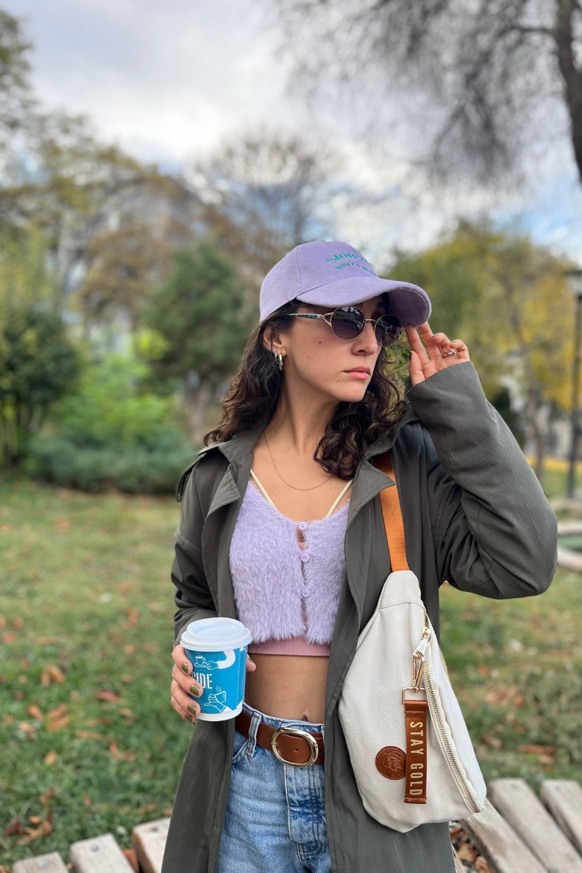 Milky Way Design Stay Gold Kanvas Kumaş Ayarlanabilir Askılı Bej Rengi Bel Ve Omuz Çantası, 2 Bölmeli - Anahtarlıklı - Görsel 4