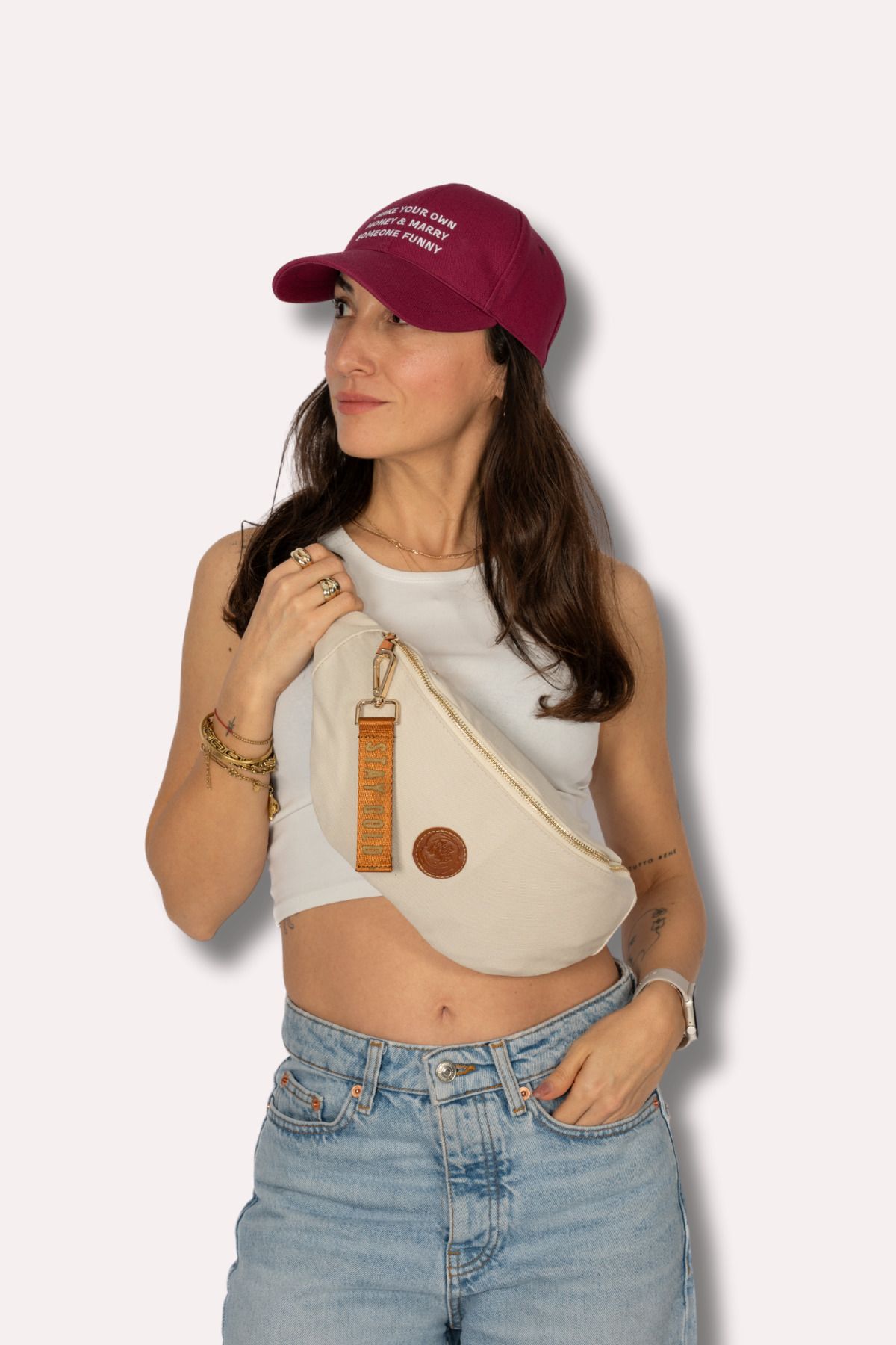 Milky Way Design Stay Gold Kanvas Kumaş Ayarlanabilir Askılı Bej Rengi Bel Ve Omuz Çantası, 2 Bölmeli - Anahtarlıklı - Görsel 7