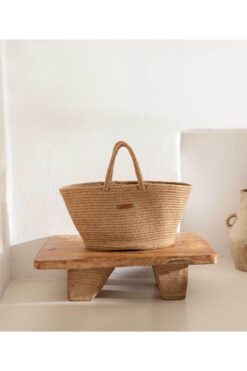 Koza Home Cesta El Yapımı Pamuklu Natural Hasır Çanta Plaj Gündelik Dekoratif Çanta 26x57cm