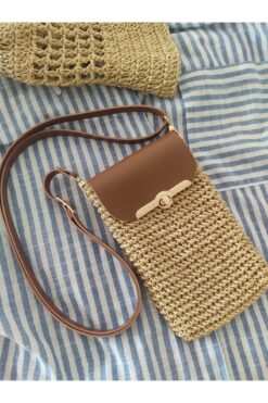 ÖZLEM HANDMADE Saman Rengi El Örgüsü Telefon Çantası
