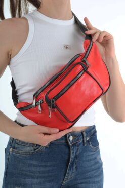 NahitaTyana Unisex Kırmızı Çok Cepli Hakiki Deri Freebag Bel Çantası Ve Omuz Çantası