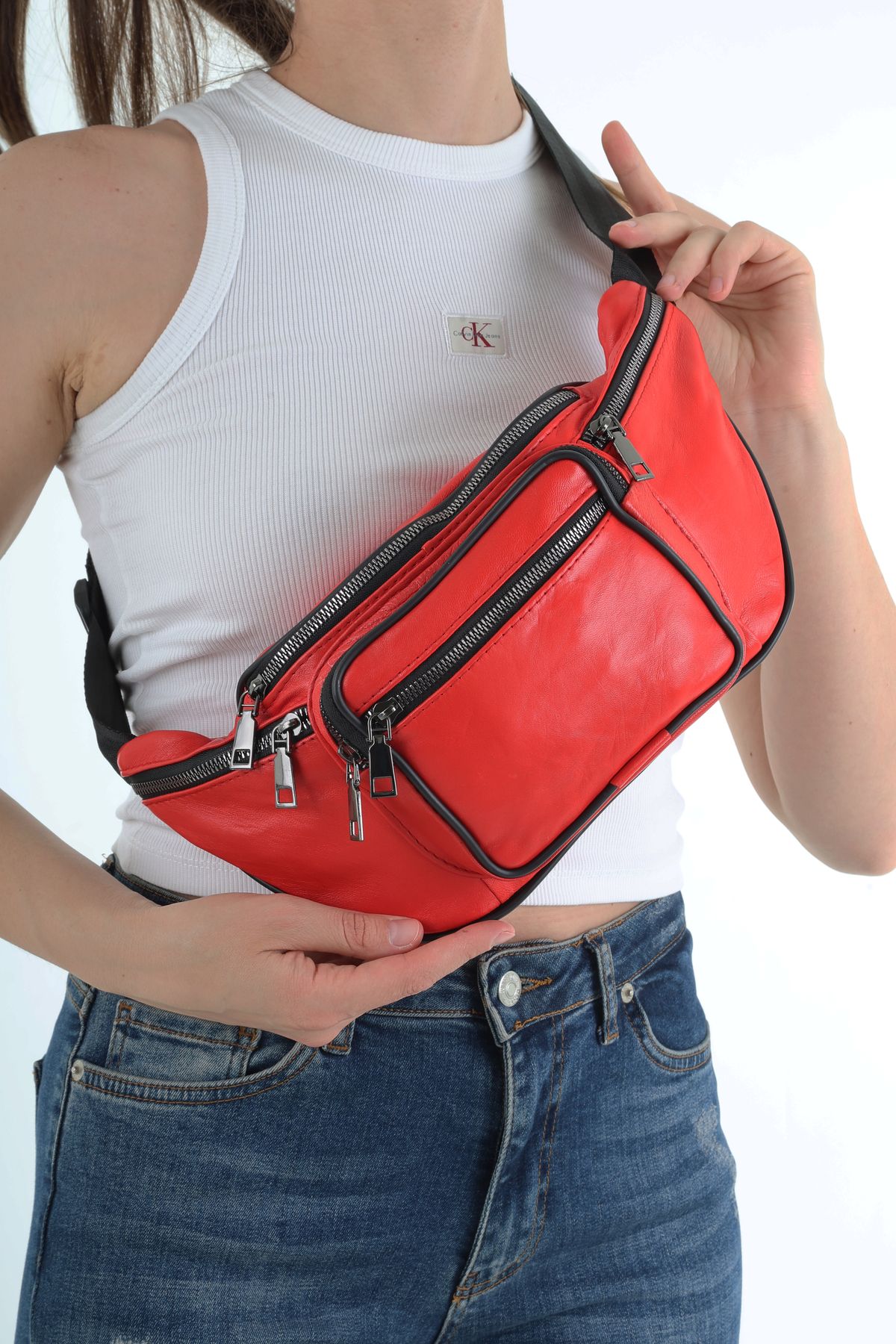 NahitaTyana Unisex Kırmızı Çok Cepli Hakiki Deri Freebag Bel Çantası Ve Omuz Çantası