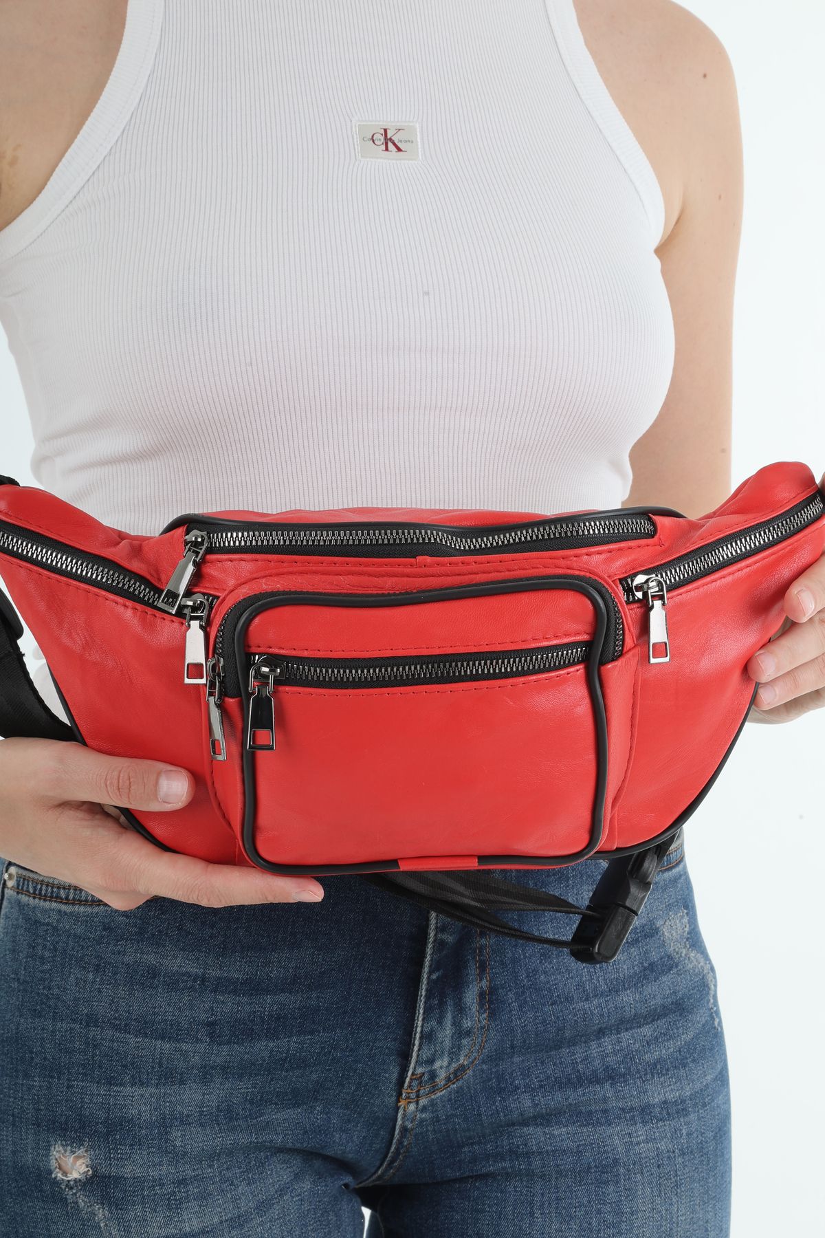 NahitaTyana Unisex Kırmızı Çok Cepli Hakiki Deri Freebag Bel Çantası Ve Omuz Çantası - Görsel 3