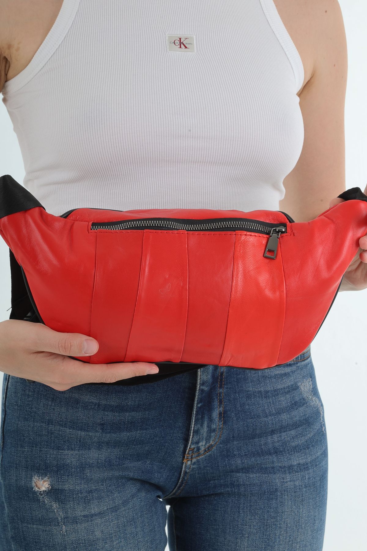 NahitaTyana Unisex Kırmızı Çok Cepli Hakiki Deri Freebag Bel Çantası Ve Omuz Çantası - Görsel 4