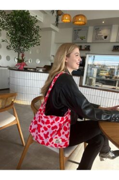 bee store Pembe Inek Desenli, Fermuarlı, Astarlı, Iç Cepli, Kumaş, Kol Ve Omuz Çantası