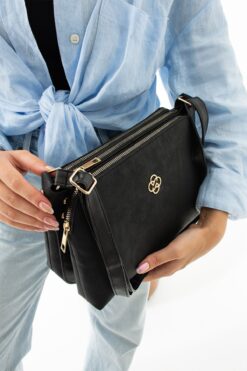 mugalas Siyah Nubuk Üç Bölmeli Vegan Deri Ayarlanabilir Omuz Çapraz Askılı Kaliteli Çanta