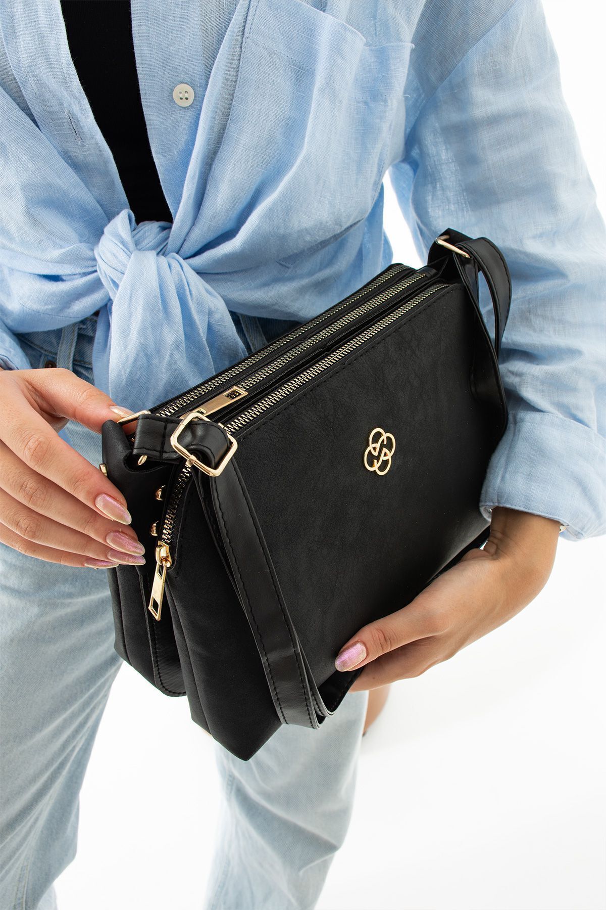 mugalas Siyah Nubuk Üç Bölmeli Vegan Deri Ayarlanabilir Omuz Çapraz Askılı Kaliteli Çanta