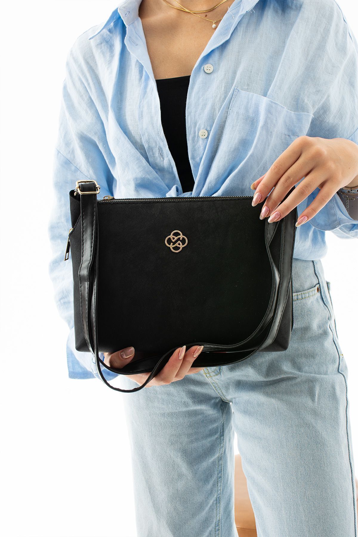 mugalas Siyah Nubuk Üç Bölmeli Vegan Deri Ayarlanabilir Omuz Çapraz Askılı Kaliteli Çanta - Görsel 3