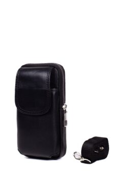 Newishpolo Unisex Deri Telefon Bölmeli Siyah Omuzdan Askılı Bel Omuz Çantası (17x9x4,5 Cm.)