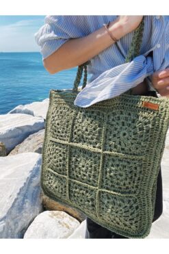 Satori Design Haki Kağıt İp El Örgüsü İç Astarlı Etnik Çanta