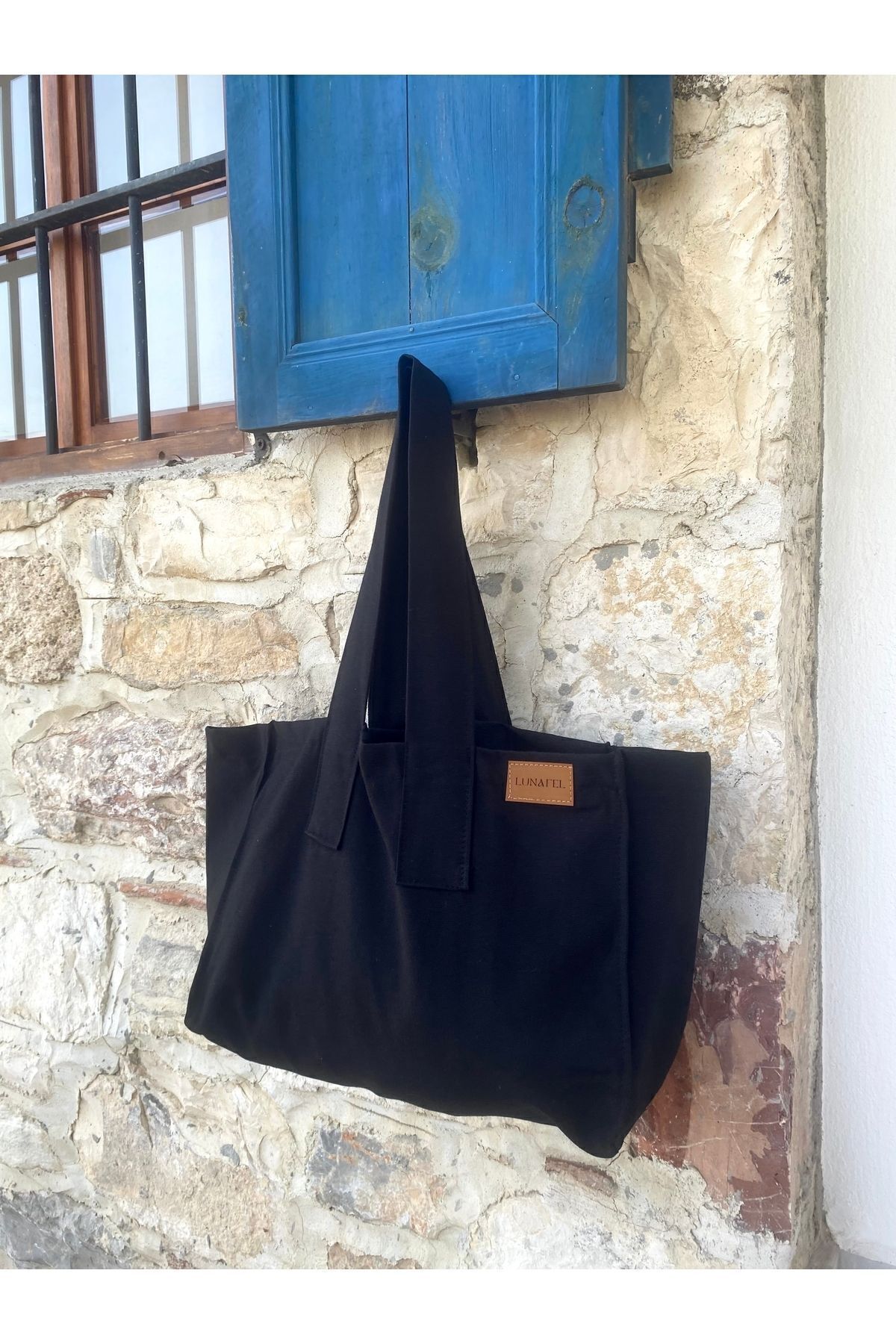 LUNAFEL Siyah Körüklü Bez Kol Omuz Çantası - Büyük Boy