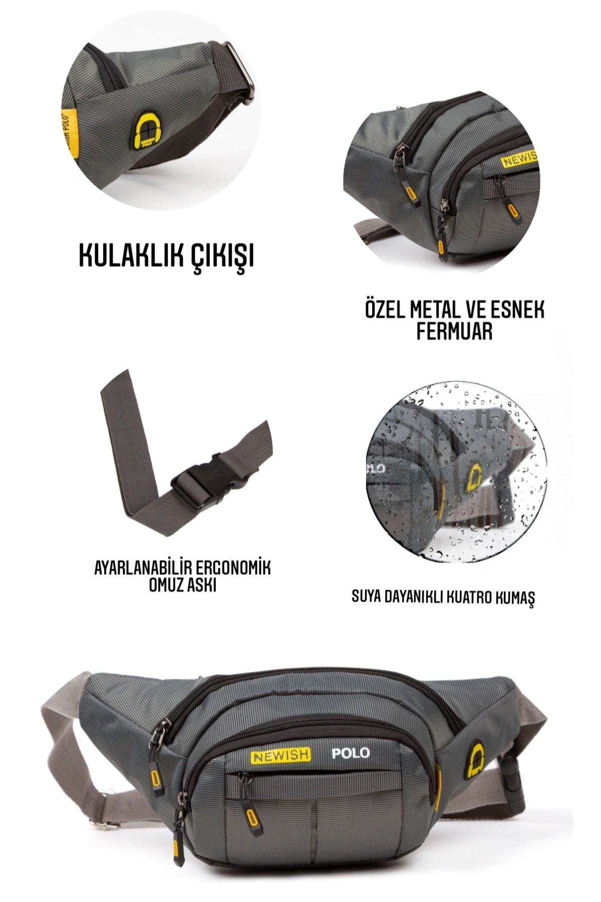 NEWISH POLO ACCESSORIES Newish Polo Su Geçirmez Kulaklık Usb Çıkışlı Unisex Gri Çapraz Askılı Bel Omuz Ve Spor Çanta - Görsel 2