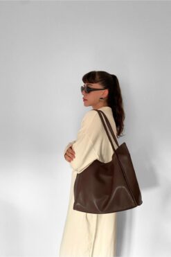 Yuka Atelier Nou Çift Saplı Kahverengi Büyük Boy Kadın Shopper Çanta