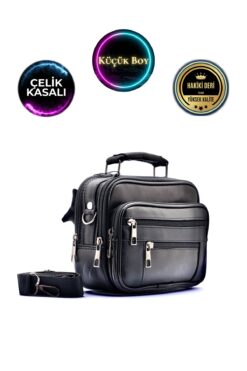 CüzCan Erkek Siyah Yatay Model Çelik Kasalı Hakiki Deri El Ve Omuz Çantası Küçük Boy Babalar Günü Hediyesi