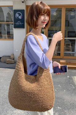 FASHION COCKTAIL Çift Kalın Askılı Astarlı Fermuarlı Yumuşak Soft Örgü Örme Plaj Sahil Deniz Omuz Çantası