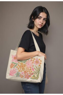 Mrey Çiçek Baskılı Kanvas Bez Çanta, Çiçekli, Körüklü, Tote Bag, Günlük Ve Plaj Kullanıma Uygun